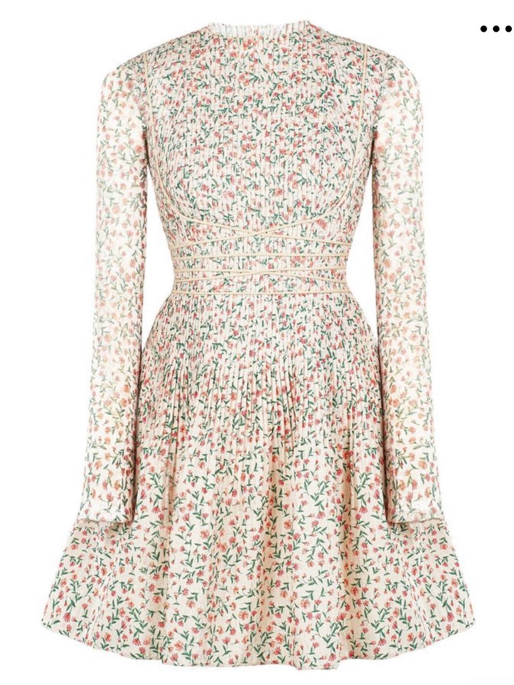 Long-Sleeve Floral Pleated Mini Dress in Cream and Pink